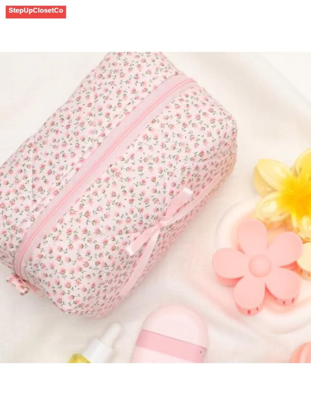 Quilted Floral Makeup Bag Handmade Cotton Pouch Toiletry Case Cosmetic Organizer